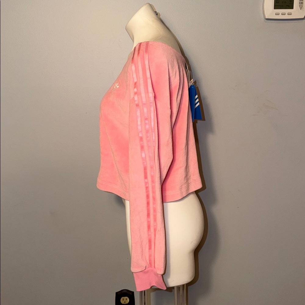 adidas Ladies Relaxed Risqué velour off the shoulder sweatshirt-Vibrant pink - Picture 9 of 14